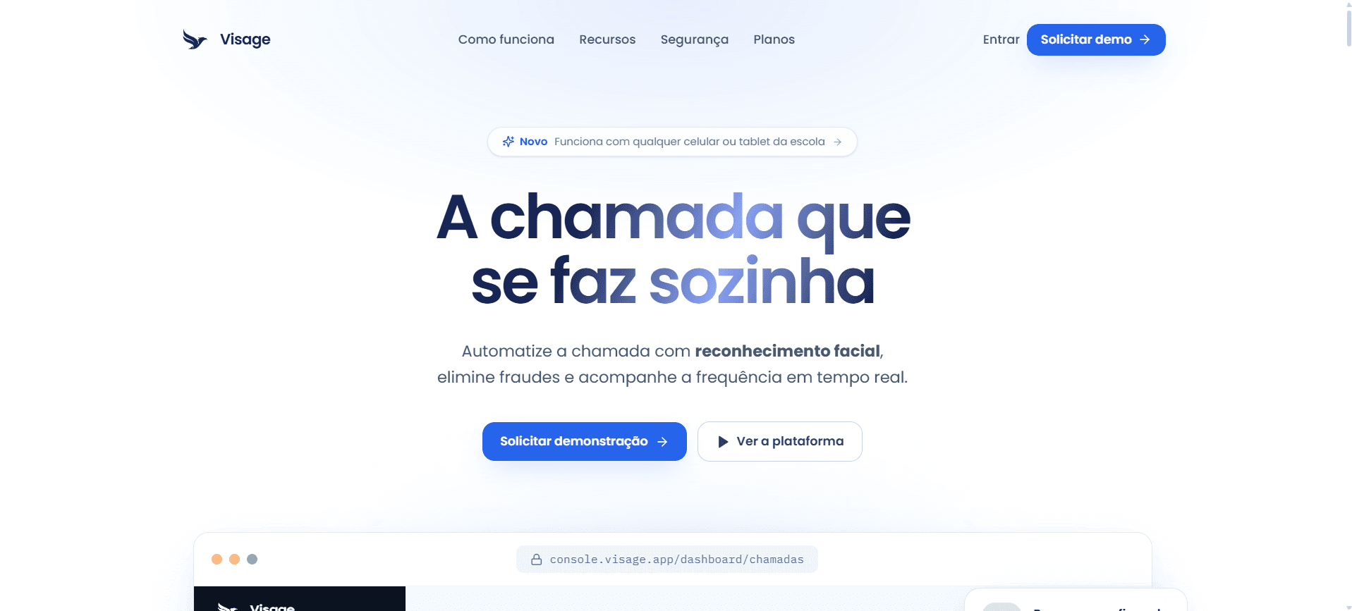 Site público da Visage apresentando o produto